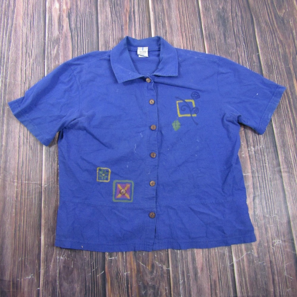 Silver Wear Button-Up Shirt Womens PL Blue Geometric Short Sleeve Granny Core